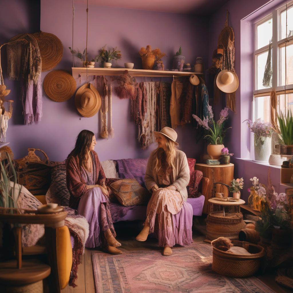 Twee vrouwen in een lila gekleurde tweedehandswinkel praten met elkaar