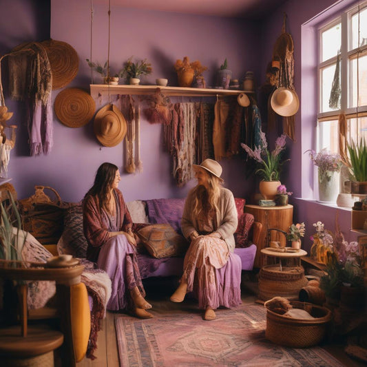 Twee vrouwen in een lila gekleurde tweedehandswinkel praten met elkaar